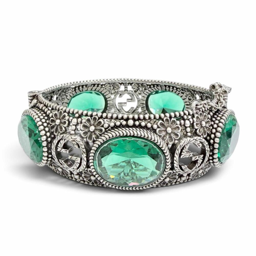 GUCCI Interlocking G Flower Cat Head Green Stone Bangle Bracelet AG925 Silver...